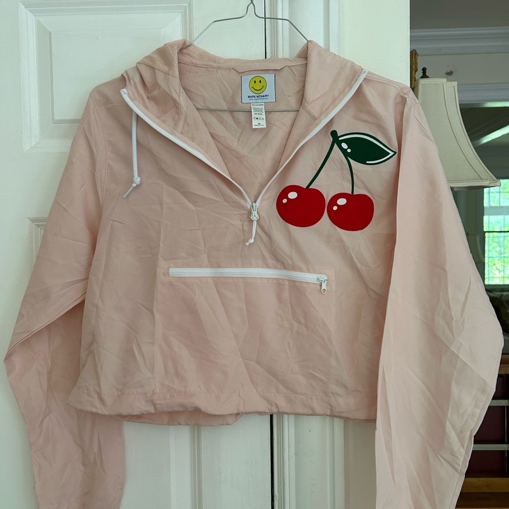 Bespoke, Unworn, Blush Pink Windbreaker with Suede Cherry Design